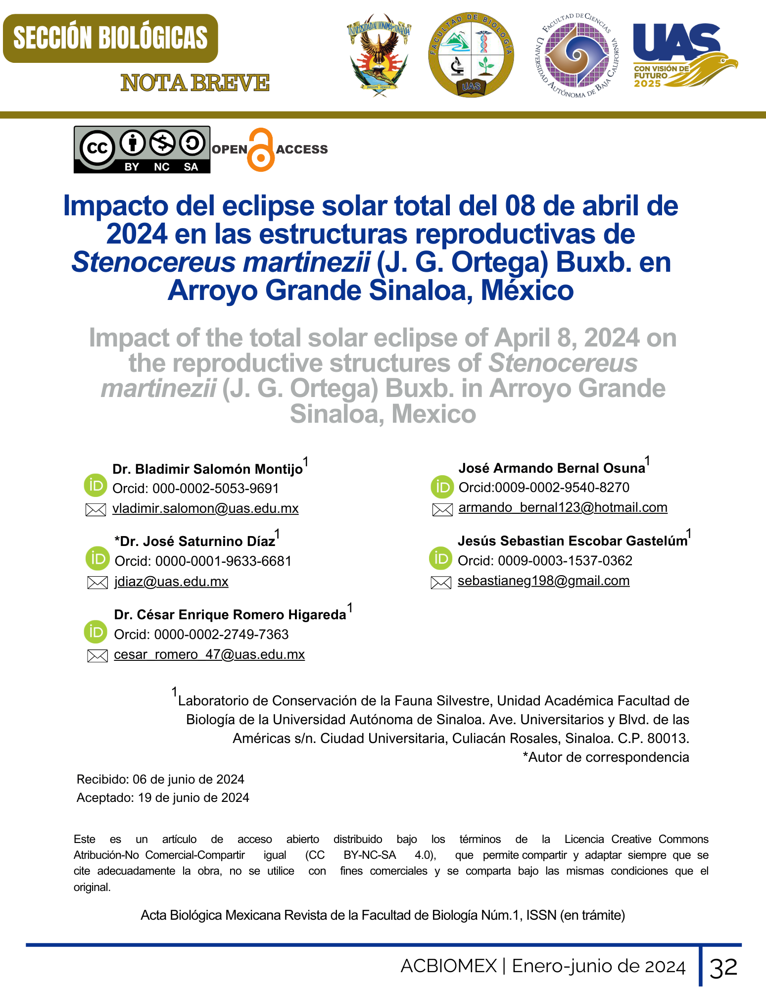 Portada Impacto del eclipse solar total del 08 de abril de 2024 en las estructuras reproductivas de Stenocereus martinezii (J. G. Ortega) Buxb. en Arroyo Grande Sinaloa, México