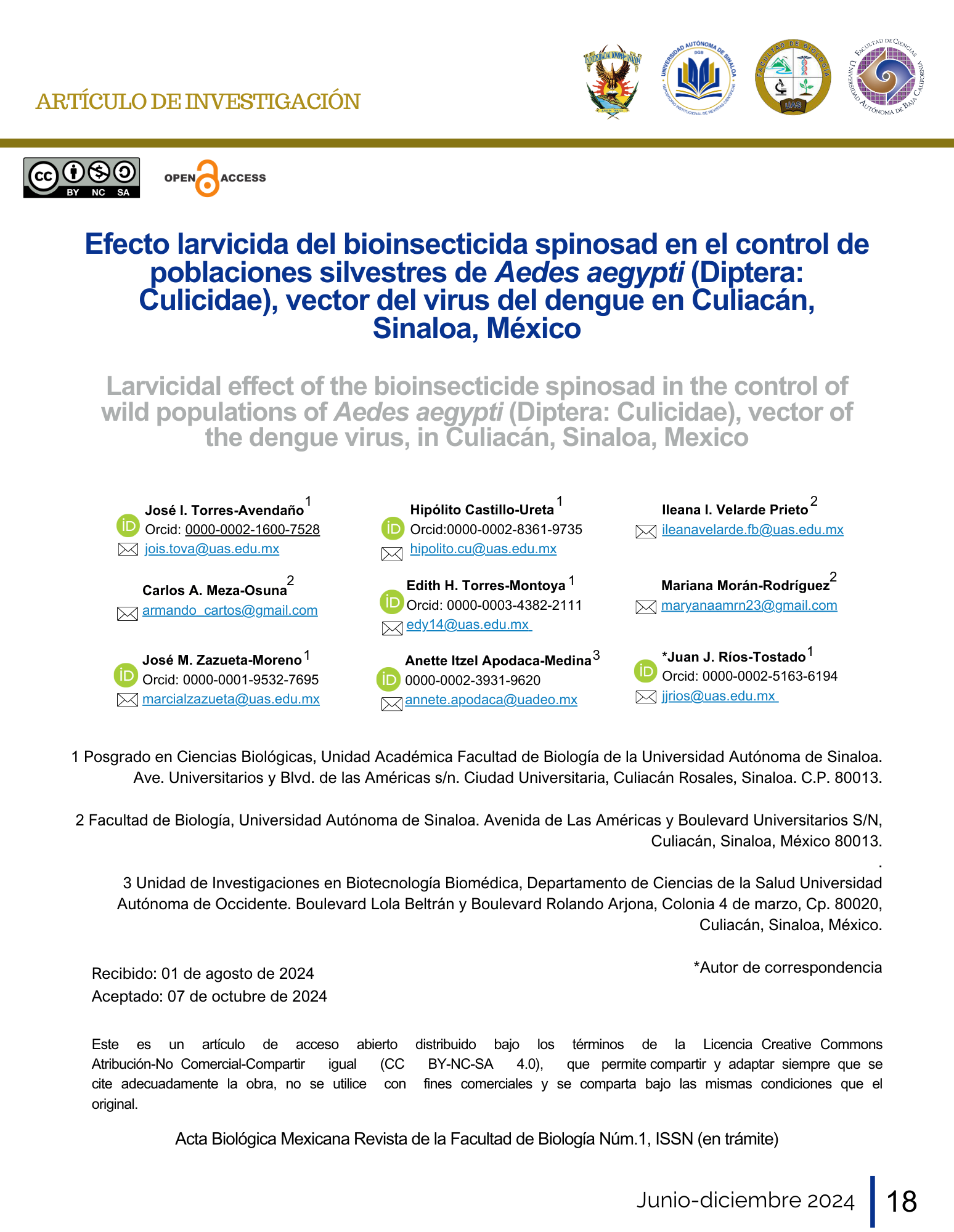 Portada Efecto larvicida de del bioinsecticida spinosad en el control de poblaciones silvestres de Aedes aegypti (Diptera: Culicidae), vector del virus del dengue en Culiacán, Sinaloa, México