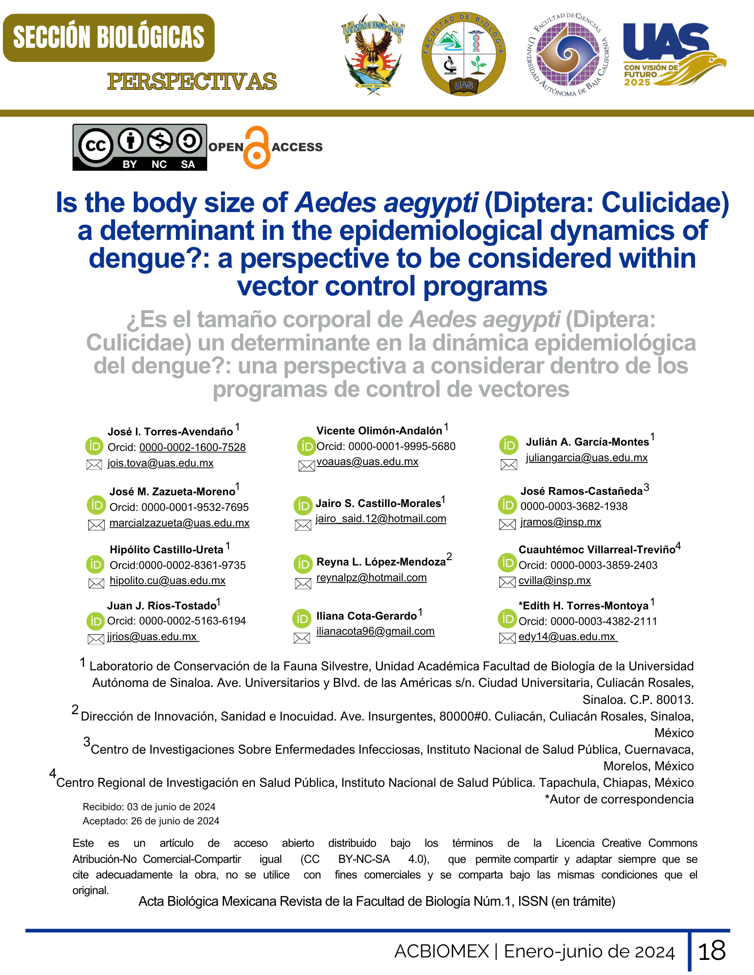 Portada Is the body size of Aedes aegypti (Diptera: Culicidae) a determinant in the epidemiological dynamics of dengue?: a perspective to be considered within vector control programs 