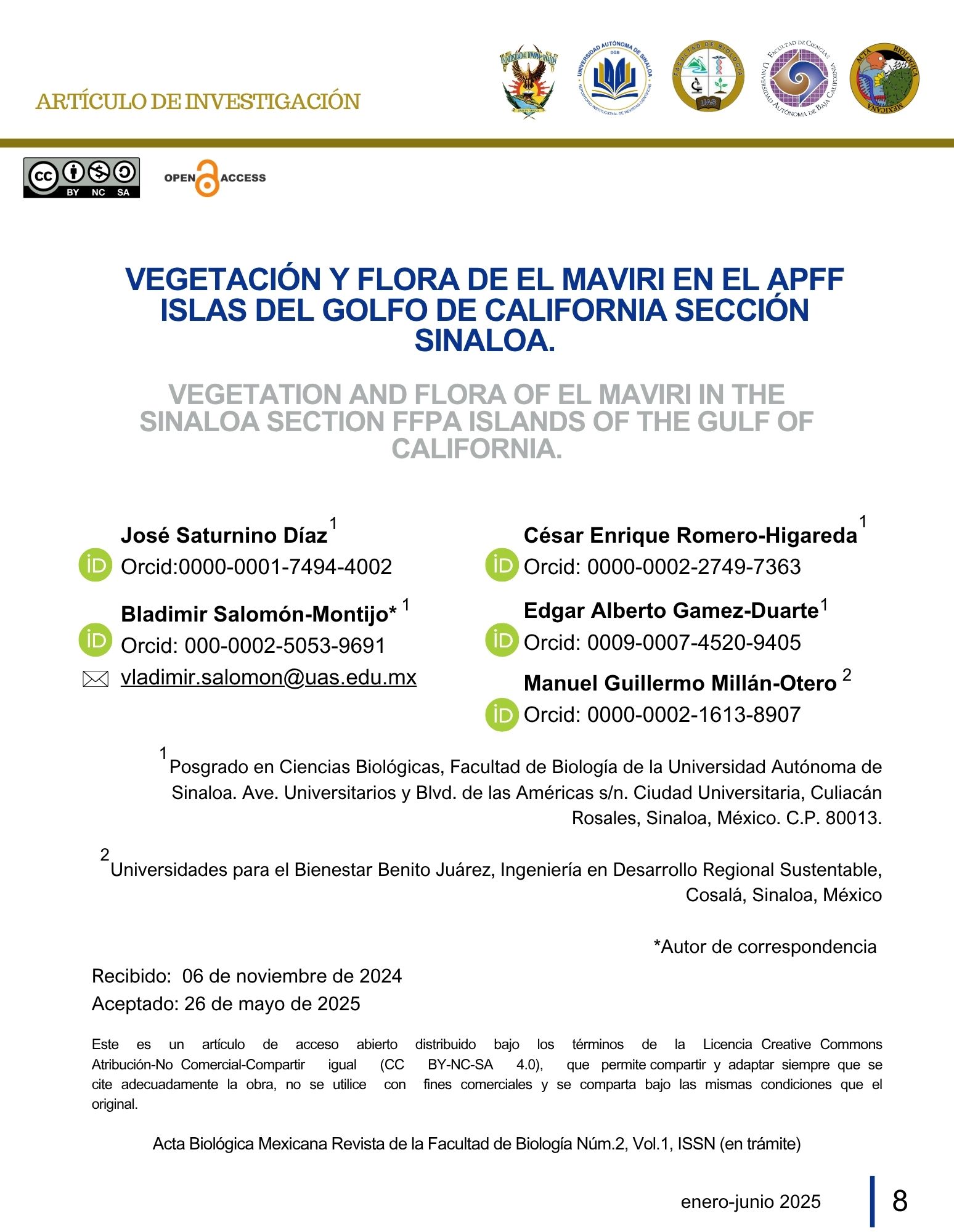 PORTADA ARTÍCULO VEGETACIÓN Y FLORA DE EL MAVIRI EN EL APFF ISLAS DEL GOLFO DE CALIFORNIA SECCIÓN SINALOA.
