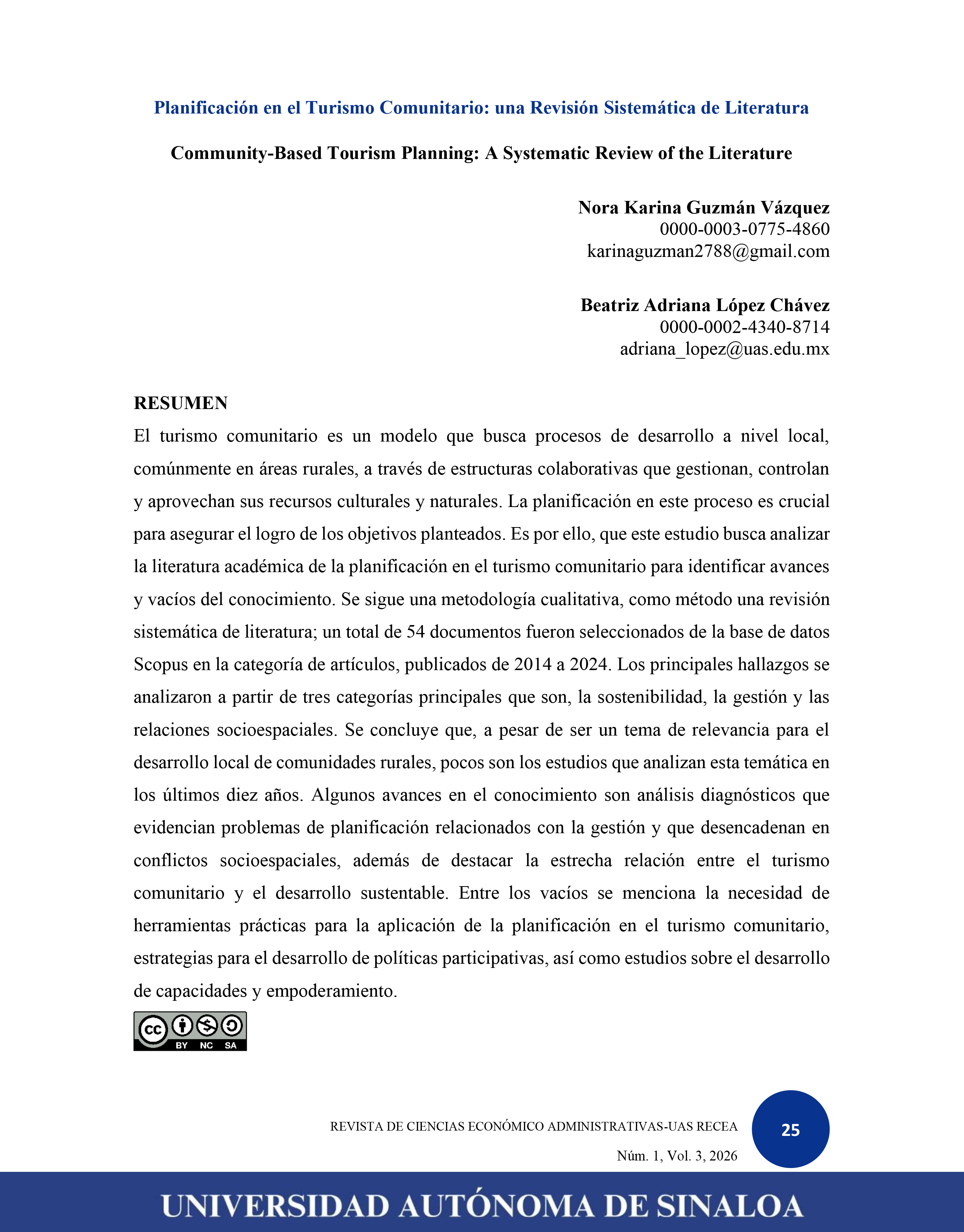 Planificación en el Turismo Comunitario: una Revisión Sistemática de Literatura