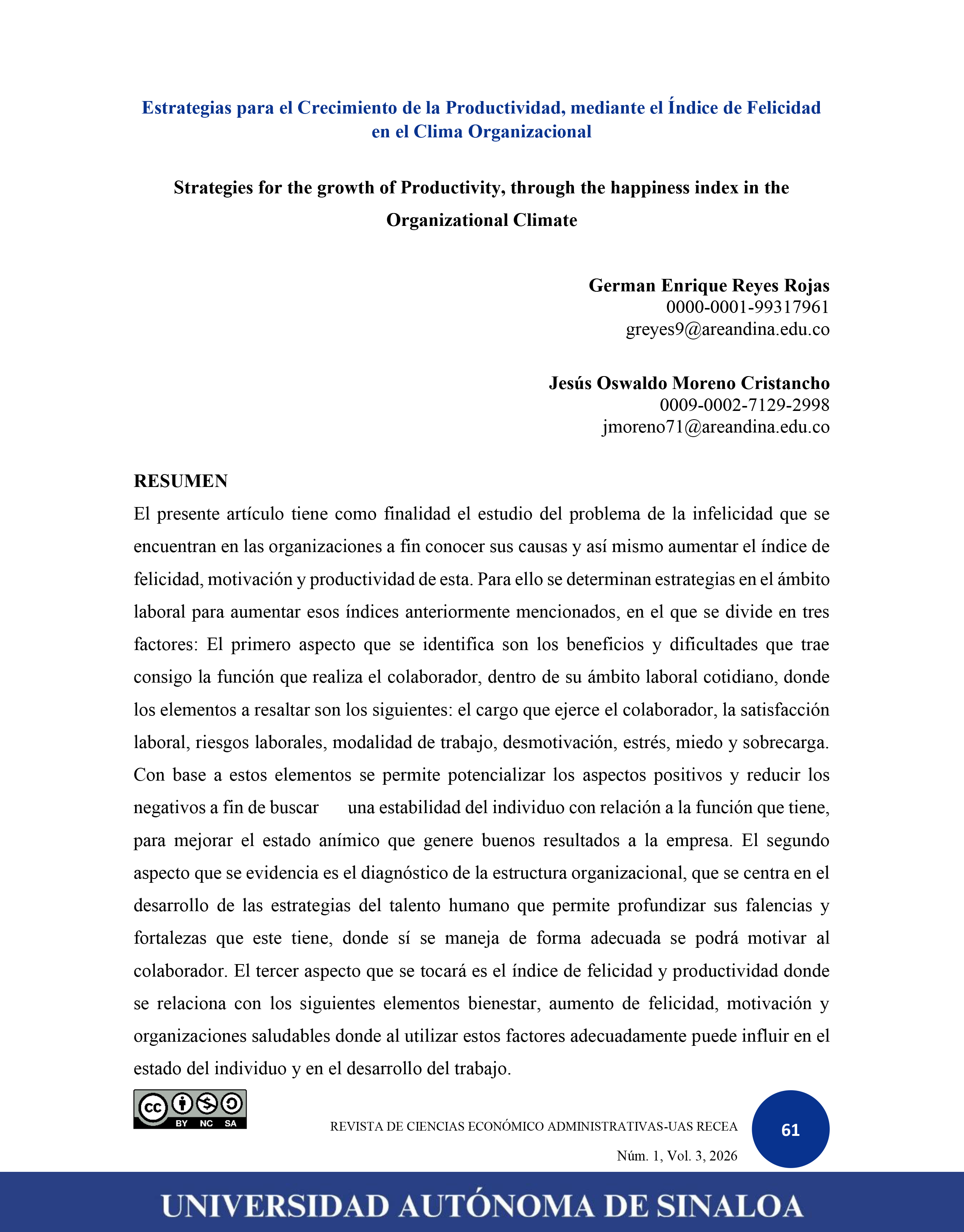 Estrategias para el Crecimiento de la Productividad, mediante el Índice de Felicidad en el Clima Organizacional