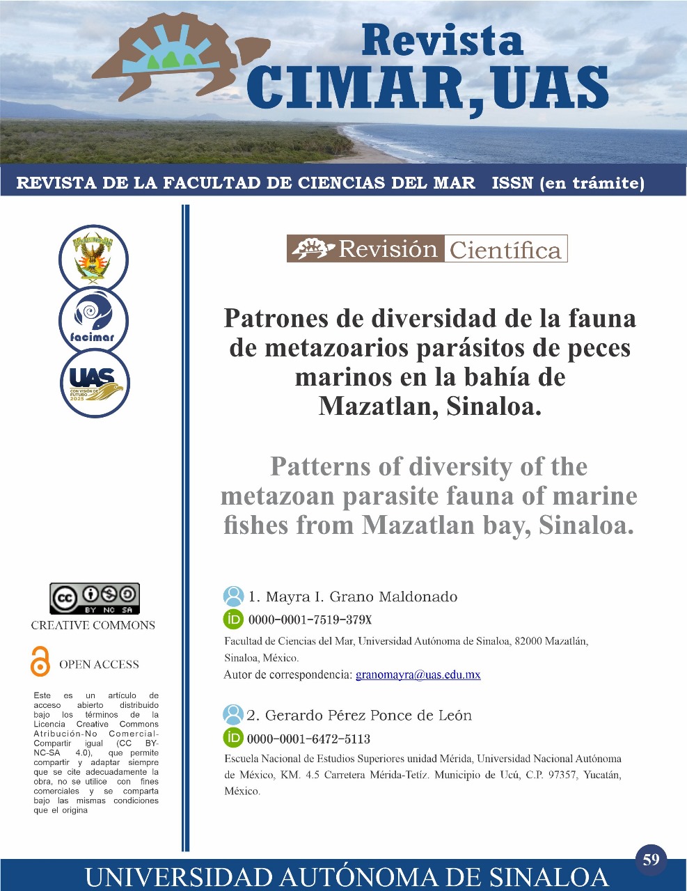 Patrones de diversidad de la fauna de metazoarios parásitos de peces marinos en la Bahía de Mazatlán, Sinaloa