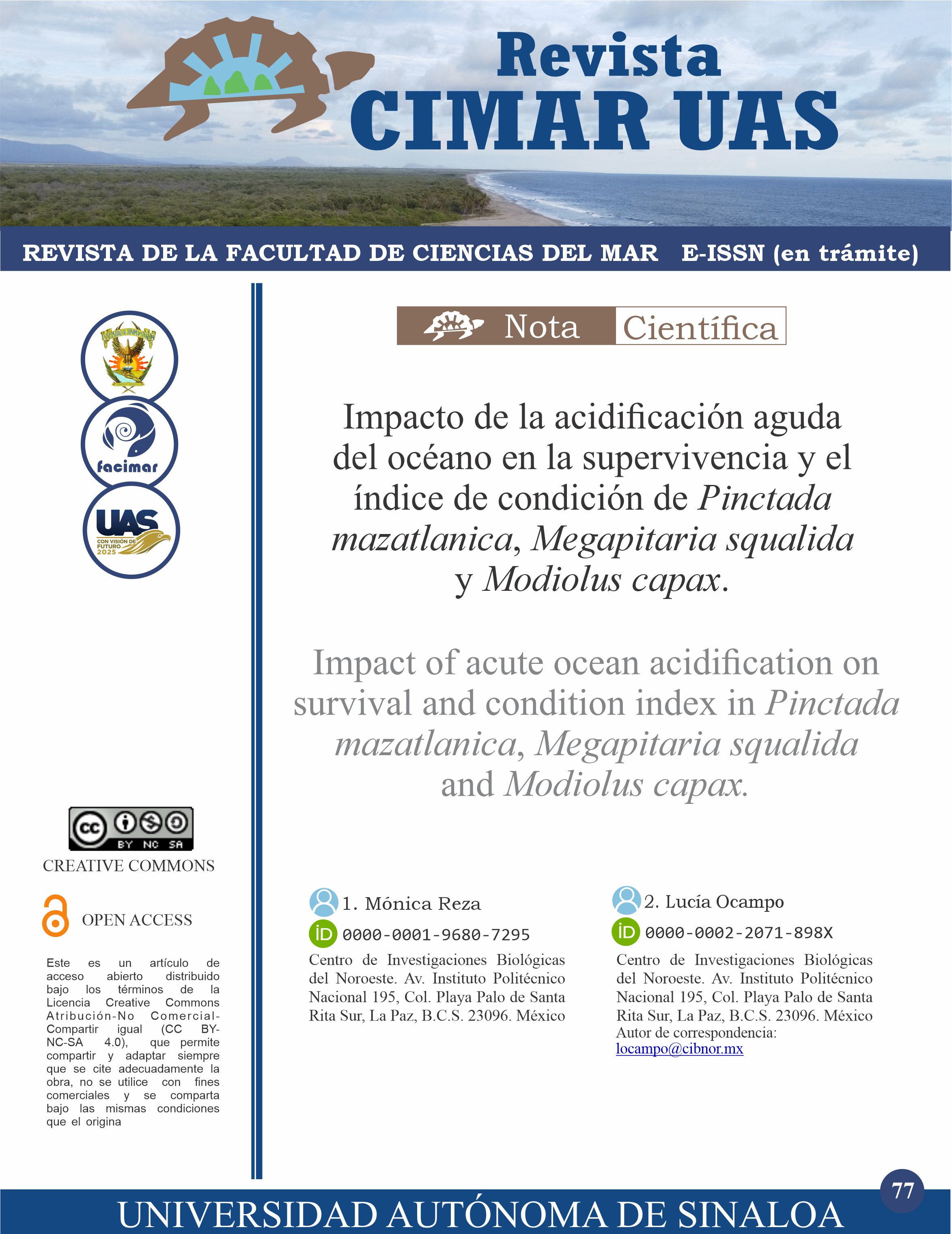 Impacto de la acidificación aguda del océano en la supervivencia y el índice de condición de Pinctada mazatlanica, Megapitaria squalida y Modiolus capax.