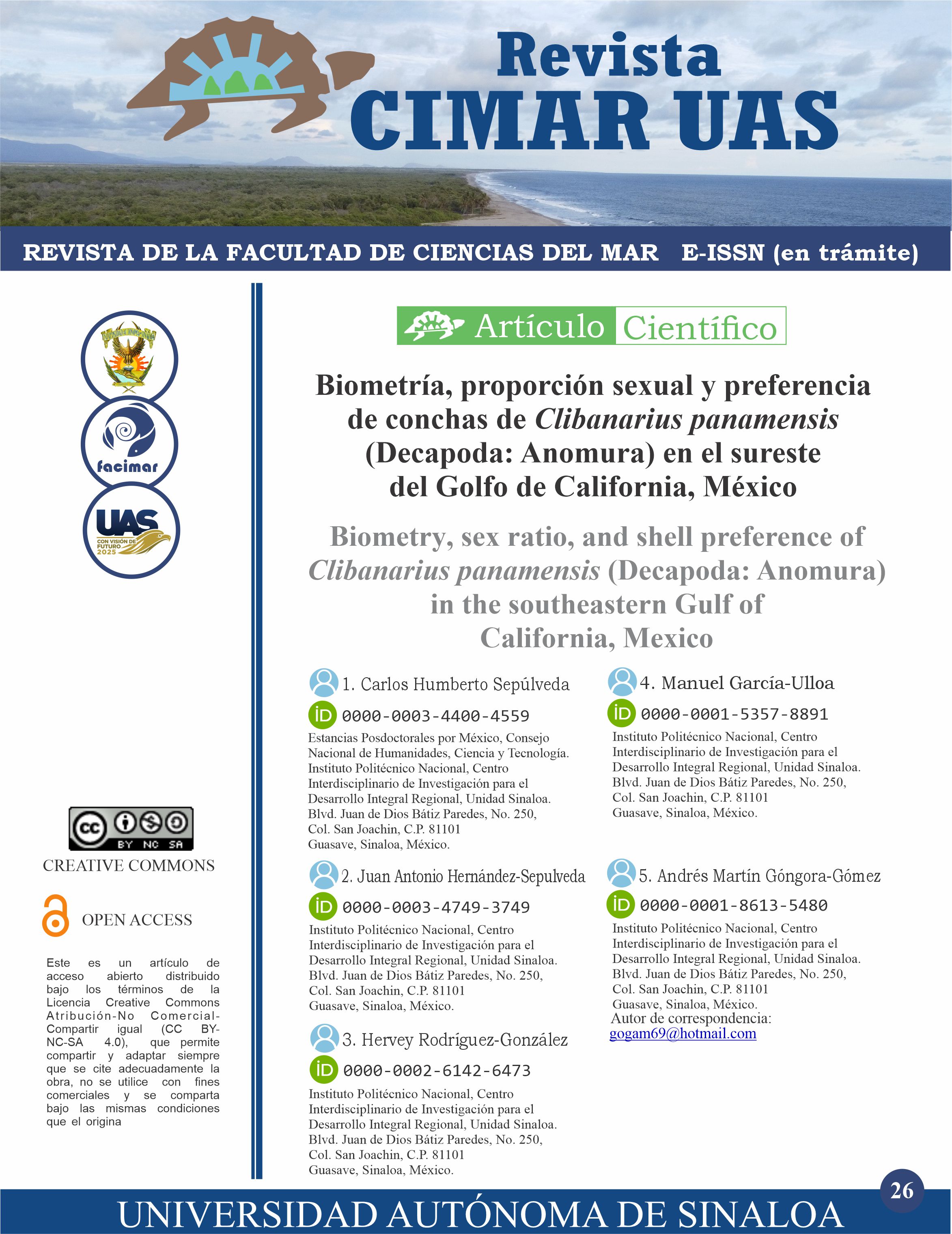 Biometría, proporción sexual y preferencia de conchas de Clibanarius panamensis (Decapoda: Anomura) en el sureste del Golfo de California, México