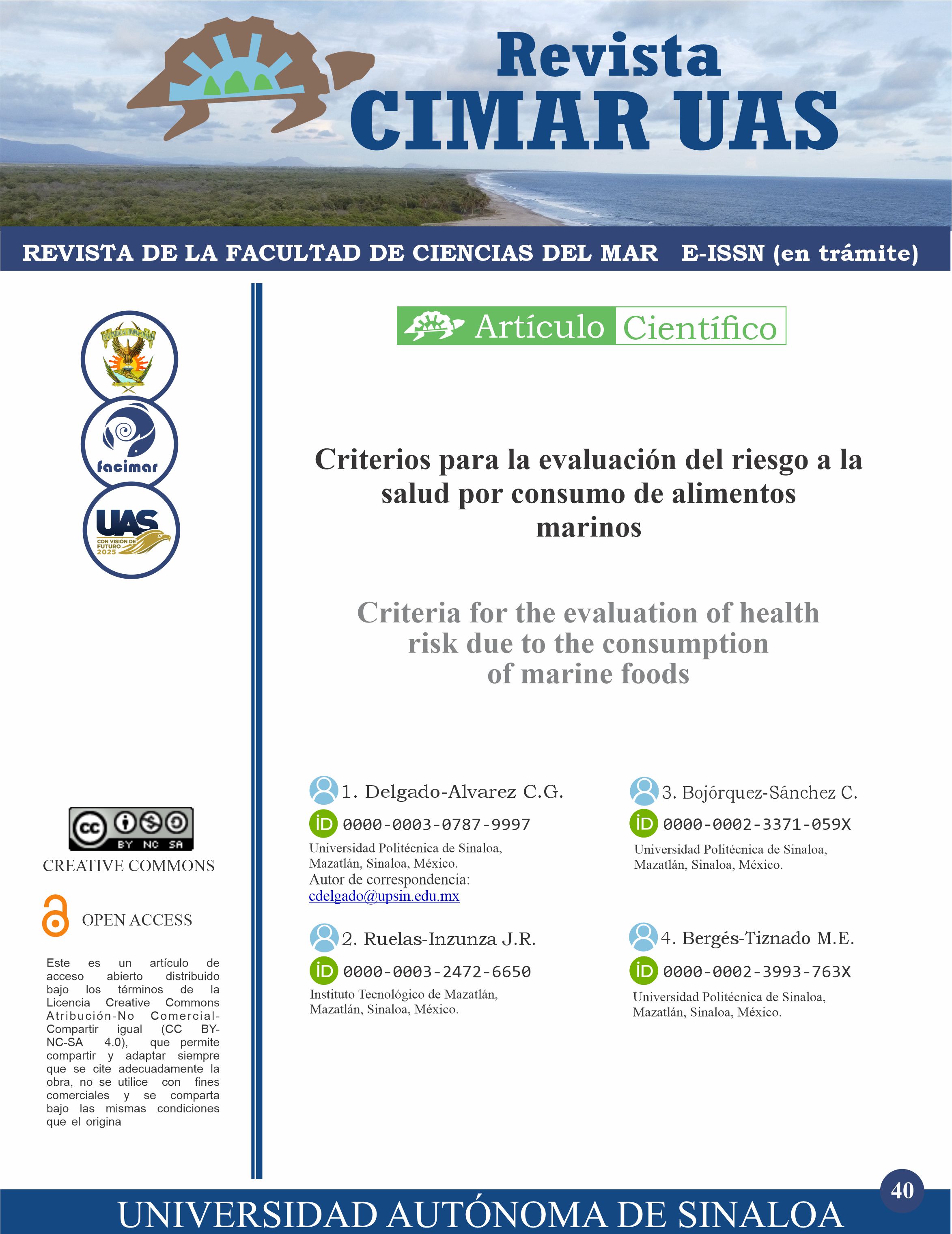 Criterios para la evaluación del riesgo a la salud por consumo de alimentos marinos.