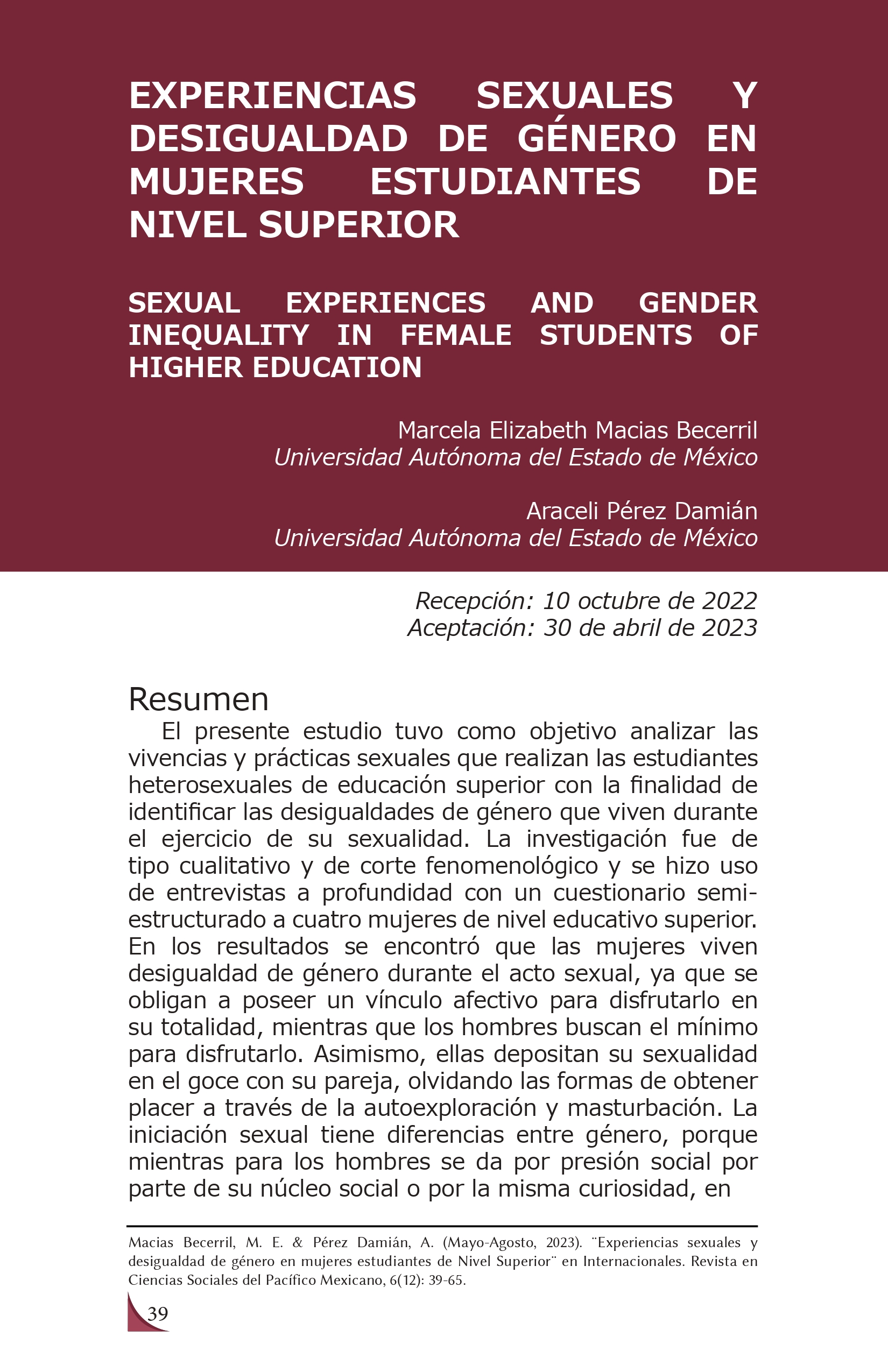 Experiencias sexuales y desigualdad de género en mujeres estudiantes de nivel superior