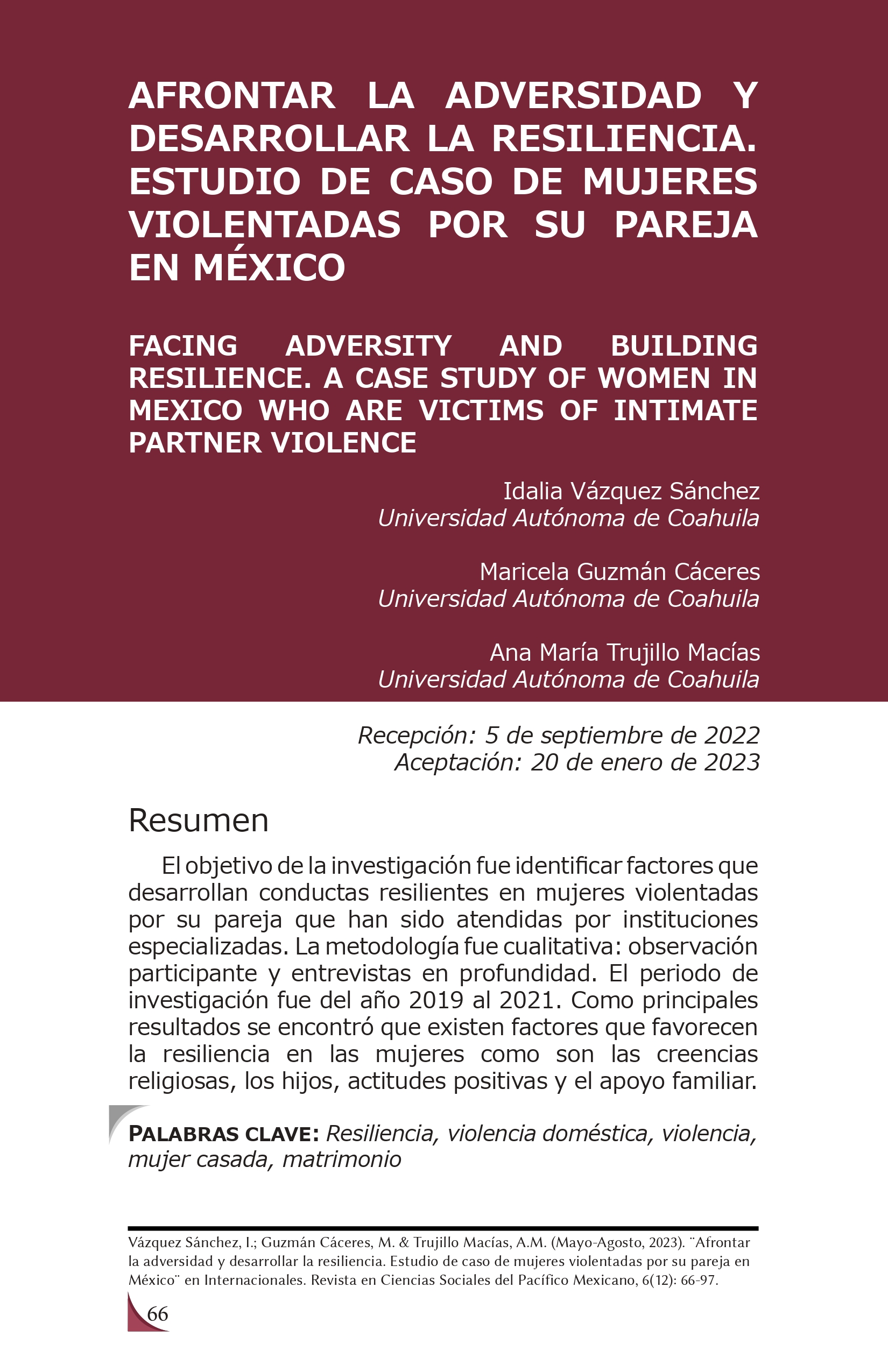 Afrontar la adversidad y desarrollar la resiliencia. Estudio de caso de mujeres violentadas por su pareja en México.